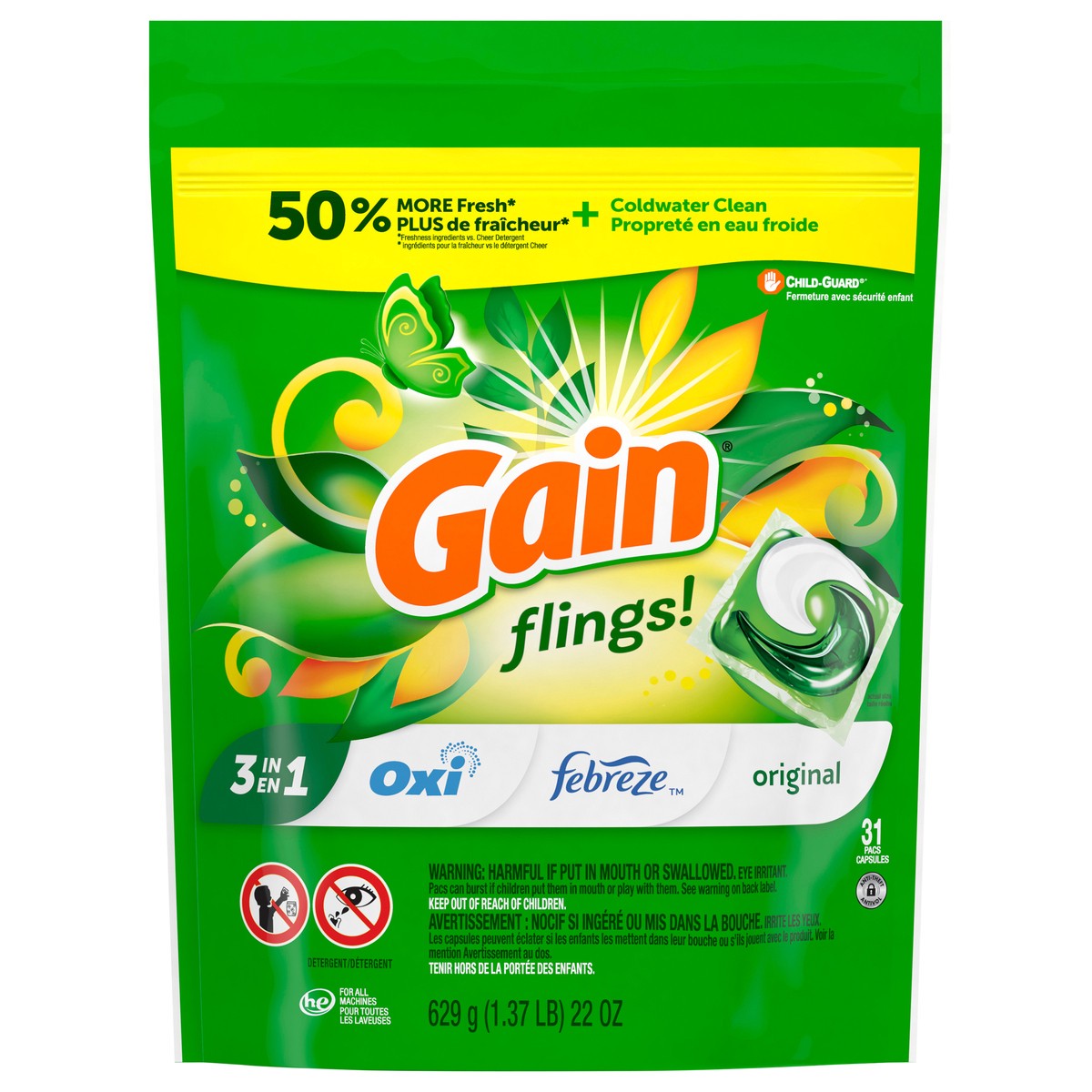 slide 5 of 8, Gain Flings Laundry Detergent Pacs, 31 Count, Original Scent, with Odor Defense, concentrated laundry soap pacs, 31 ct