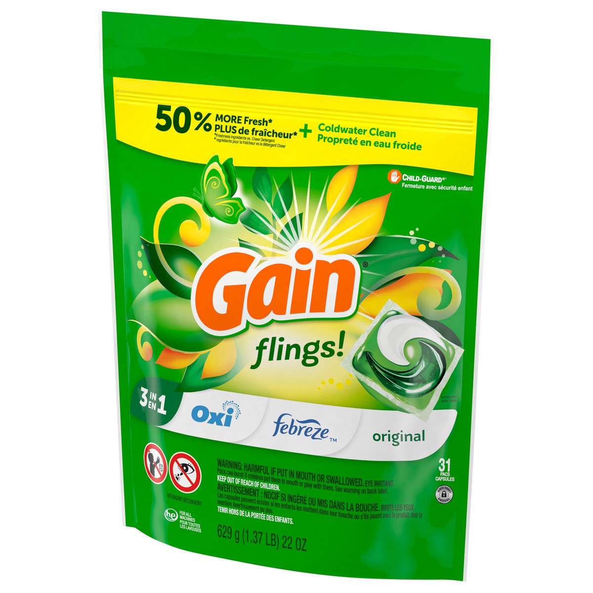 slide 2 of 8, Gain Flings Laundry Detergent Pacs, 31 Count, Original Scent, with Odor Defense, concentrated laundry soap pacs, 31 ct