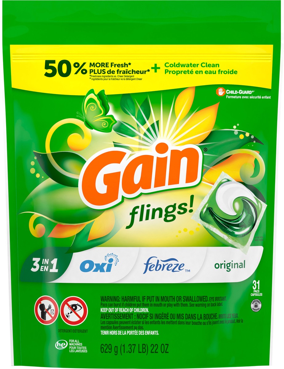 slide 7 of 8, Gain Flings Laundry Detergent Pacs, 31 Count, Original Scent, with Odor Defense, concentrated laundry soap pacs, 31 ct