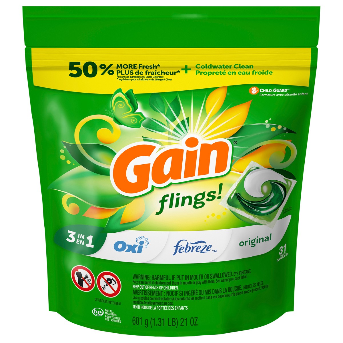 slide 1 of 8, Gain Flings Laundry Detergent Pacs, 31 Count, Original Scent, with Odor Defense, concentrated laundry soap pacs, 31 ct