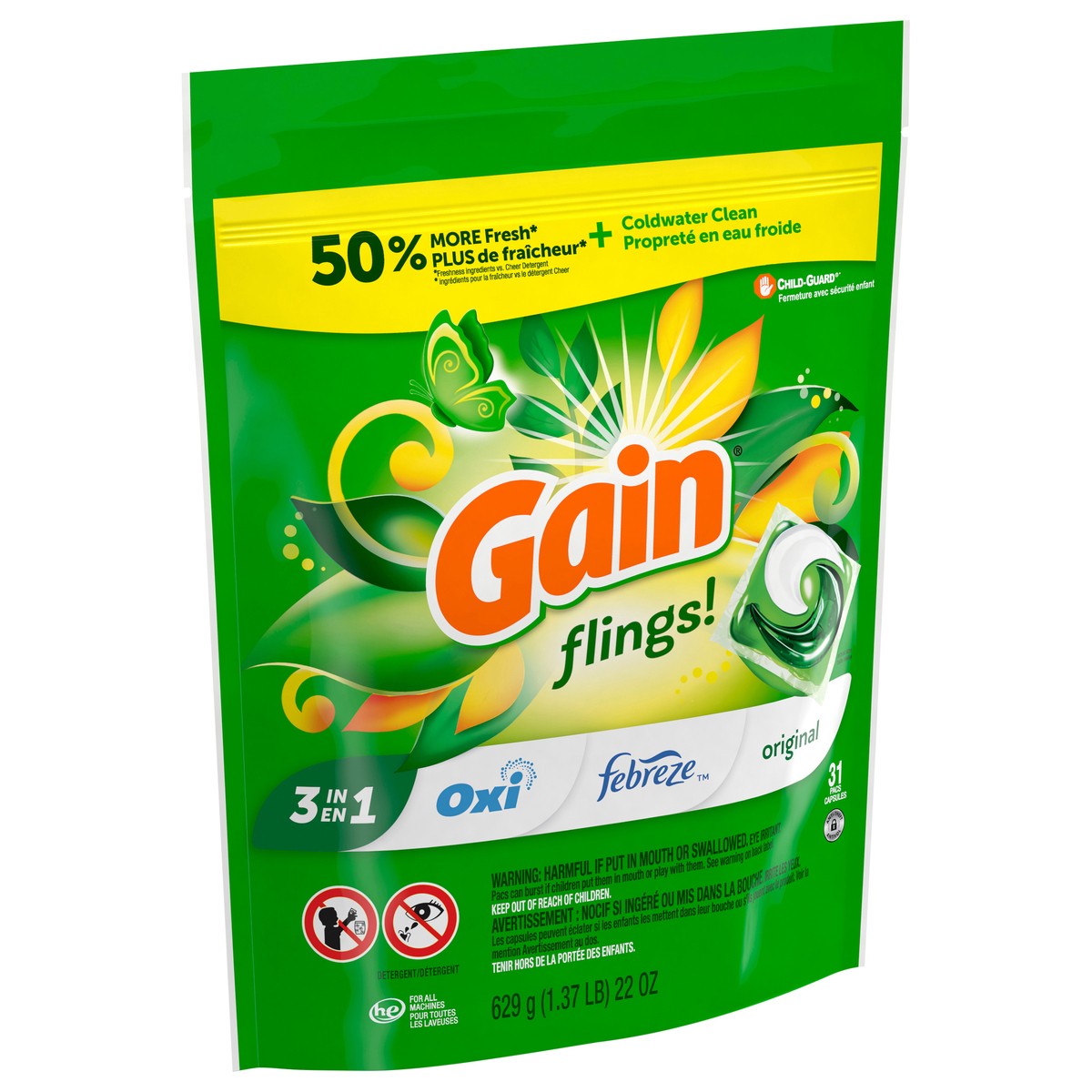 slide 8 of 8, Gain Flings Laundry Detergent Pacs, 31 Count, Original Scent, with Odor Defense, concentrated laundry soap pacs, 31 ct