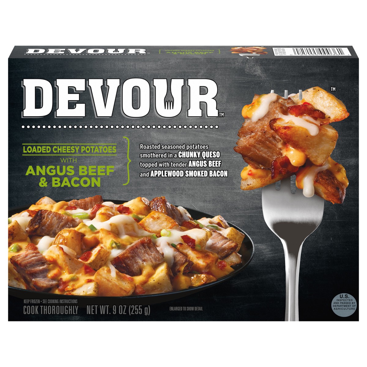 slide 1 of 5, DEVOUR Loaded Cheesy Potatoes with Angus Beef & Smoked Bacon Frozen Meal, 9 oz Box, 9 oz