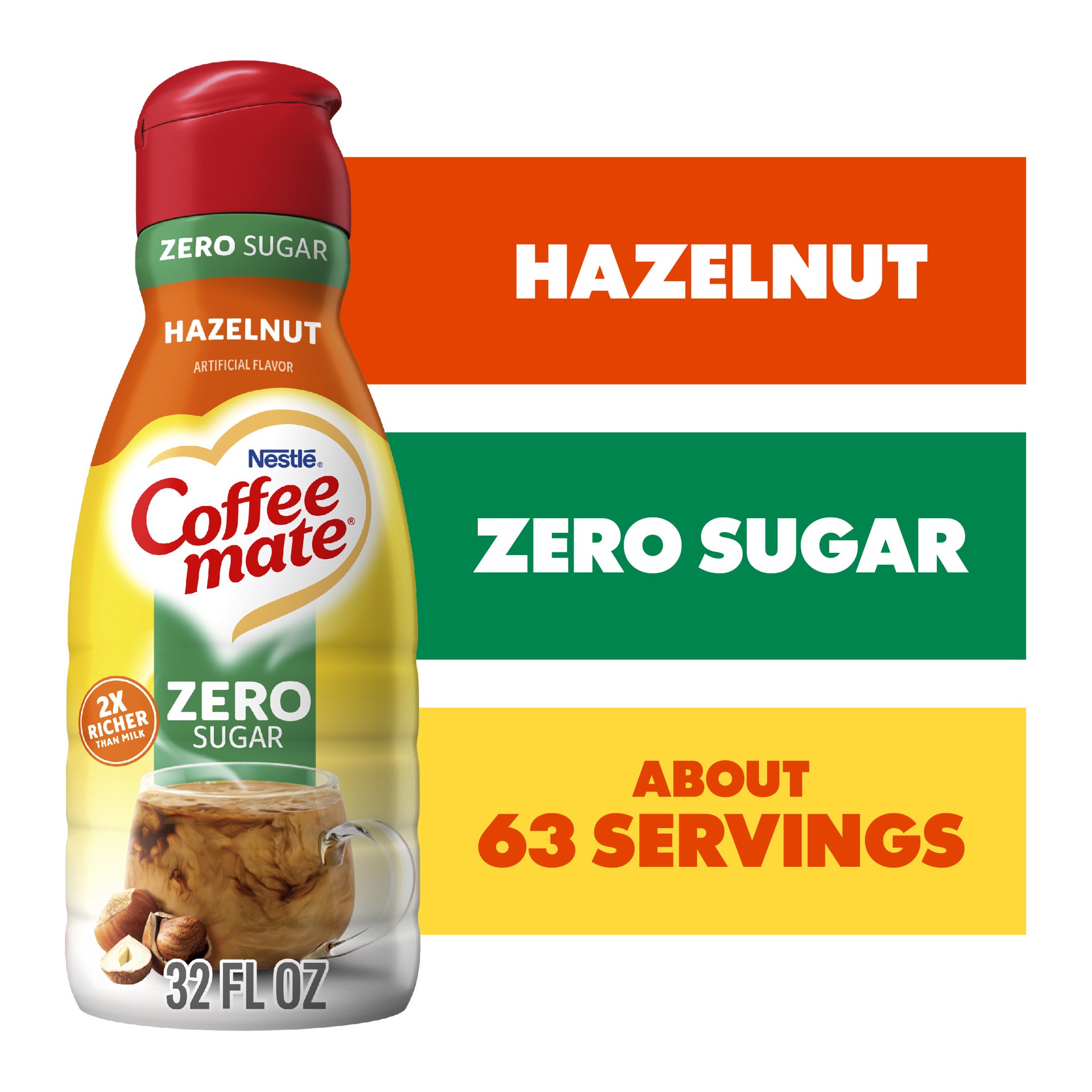 slide 1 of 3, Coffee mate Hazelnut Flavored Coffee Creamer, Zero Sugar, Gluten-Free, 63 Servings, 32 oz