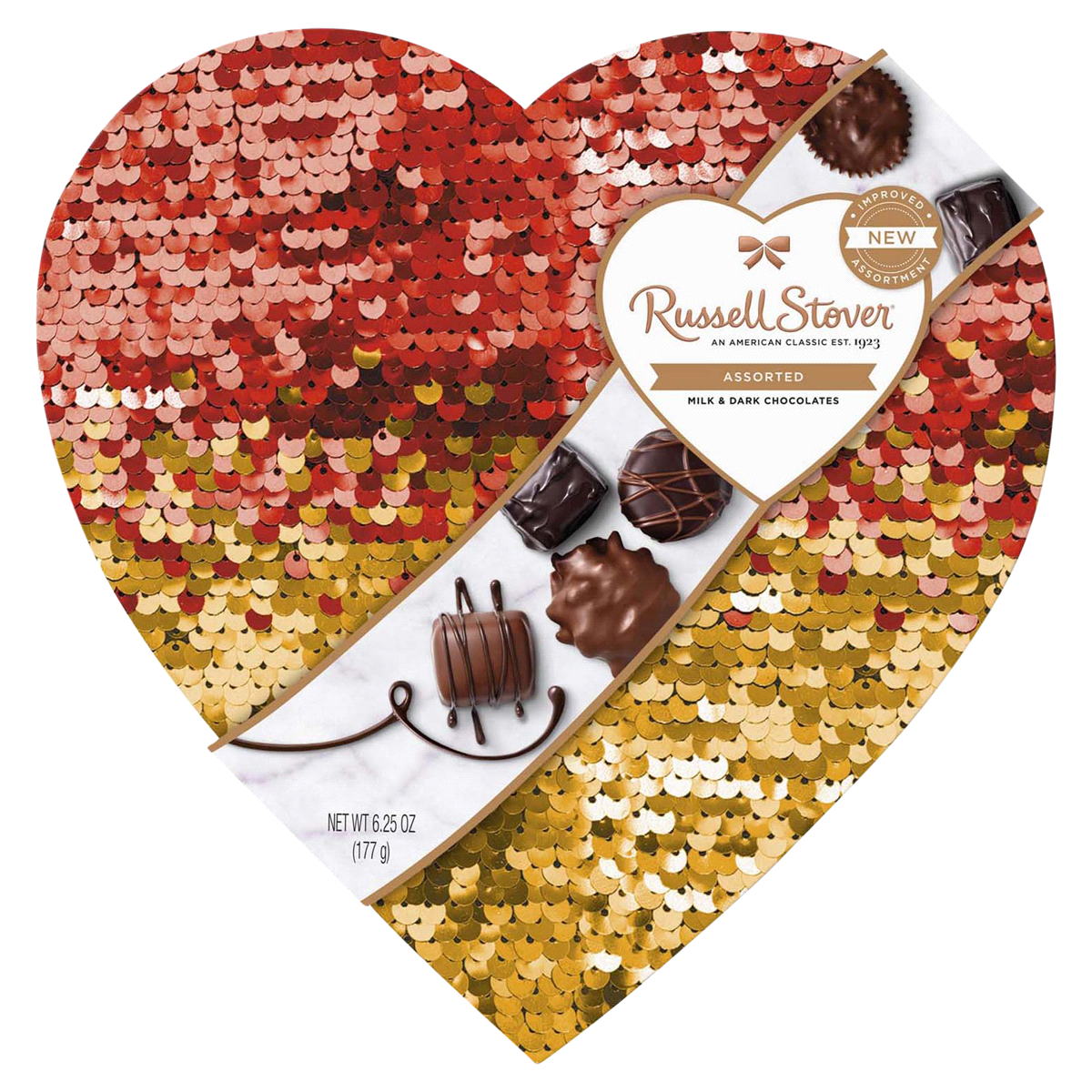 slide 1 of 1, Russell Stover Assorted Milk & Dark Chocolates Sequin Heart Box Valentine Candy, 6.25 oz