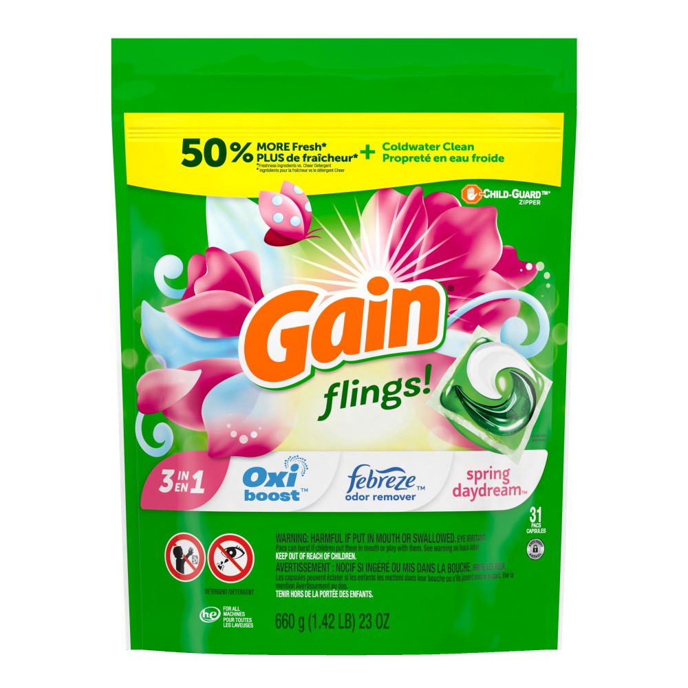 slide 1 of 6, Gain Flings Spring Daydream Liquid Laundry Detergent Soap Pacs, 31 ct