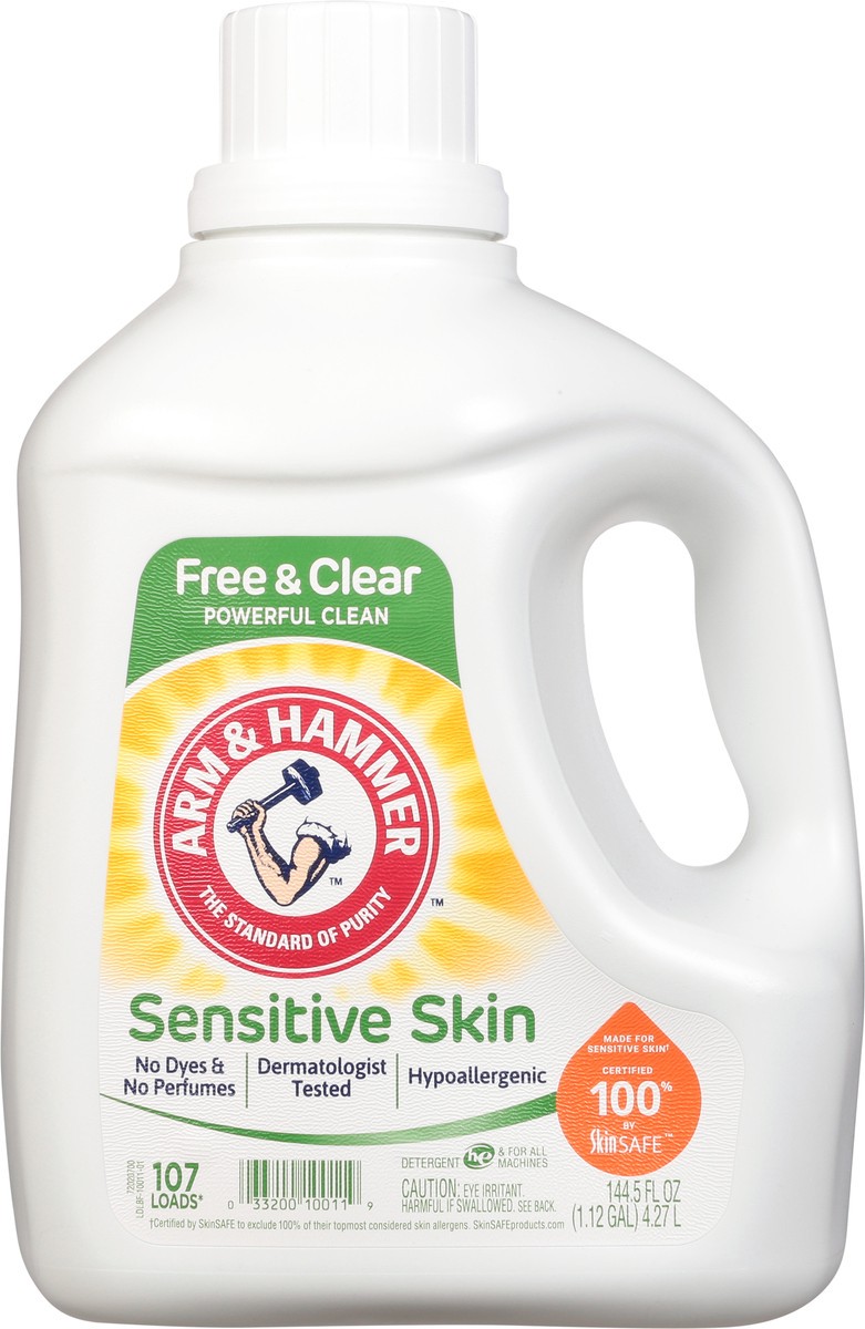 slide 6 of 9, ARM & HAMMER Sensitive Skin Free & Clear, 107 Loads Liquid Laundry Detergent, 144.5 fl oz, 144.5