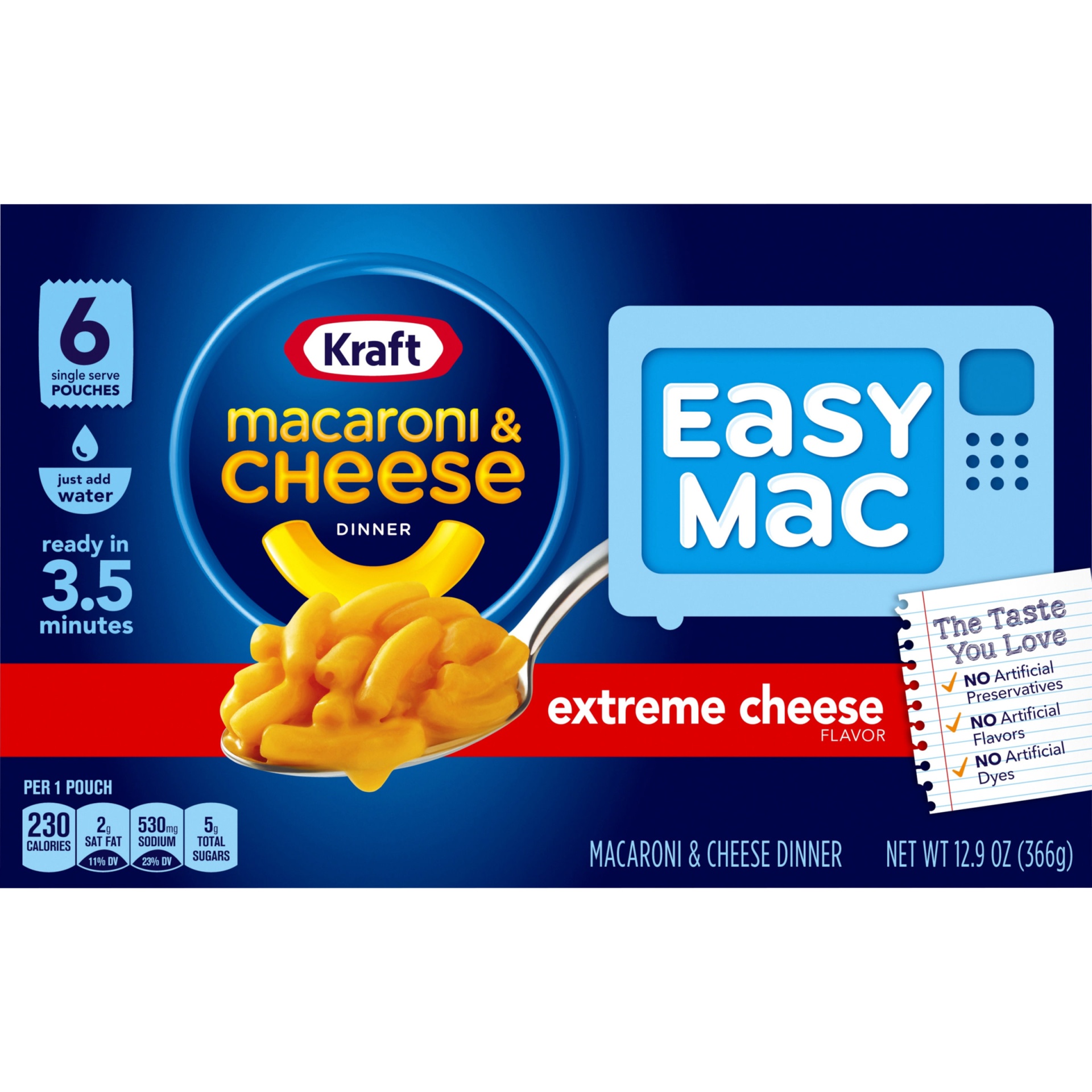 slide 2 of 7, Kraft Easy Mac Extreme Cheese Macaroni & Cheese Microwavable Dinner Packets, 6 ct; 12.9 oz