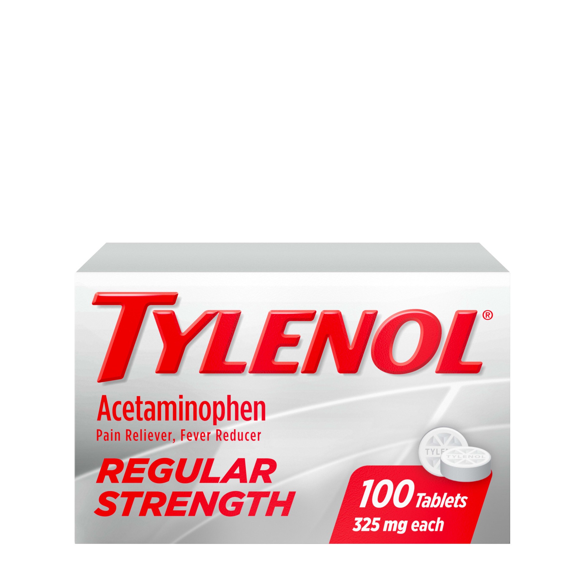 slide 1 of 6, Tylenol Regular Strength Tablets with 325 mg of Acetaminophen, Fever Reducer & Pain Reliever for Headache, Back Ache, Muscle Pain & Menstrual Cramps, 100 count, 100 ct