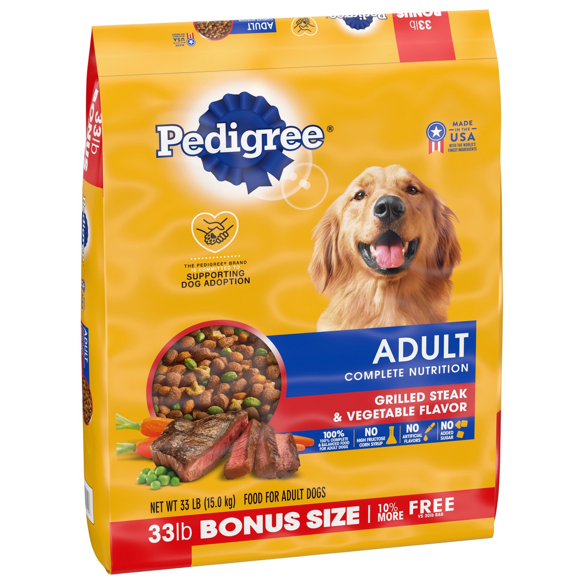 slide 2 of 9, PEDIGREE Complete Nutrition Adult Dry Dog Food Grilled Steak & Vegetable Flavor Dog Kibble, 33 lb. Bag, 33 lb