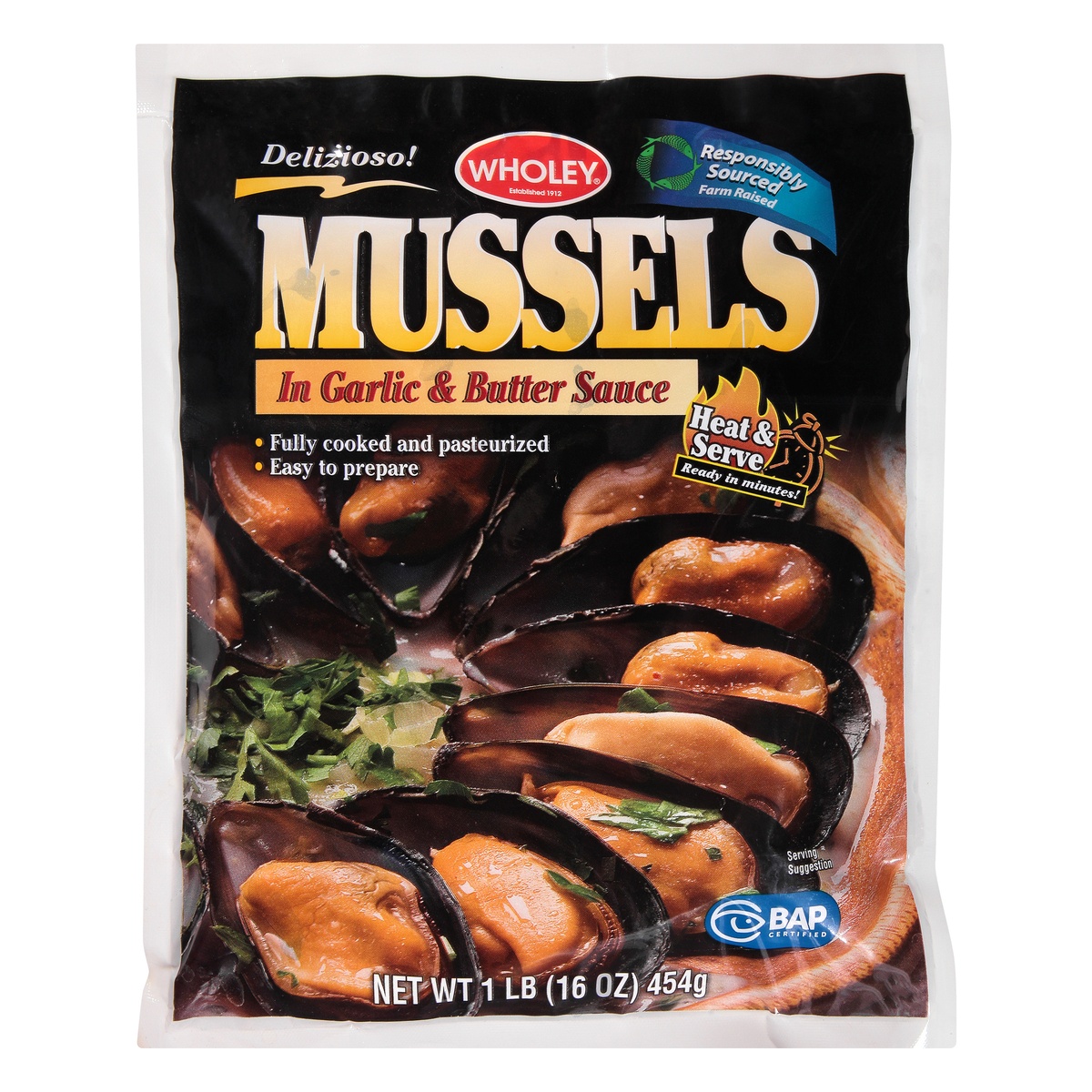 slide 1 of 1, Wholey Mussels In Garlic/Butter Sauce, 1 lb