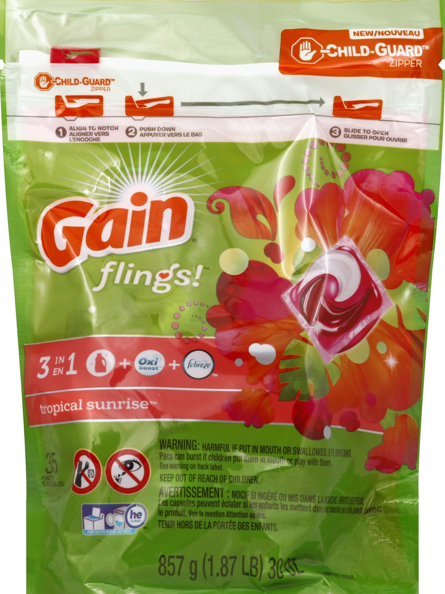 slide 2 of 2, Gain Flings Tropical Sunrise Scent Laundry Detergent Pacs, 35 ct