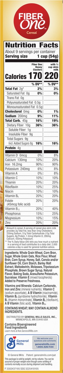 slide 9 of 9, Fiber One Honey Clusters Breakfast Cereal, Fiber Cereal Made with Whole Grain, 17.5 oz, 17.5 oz