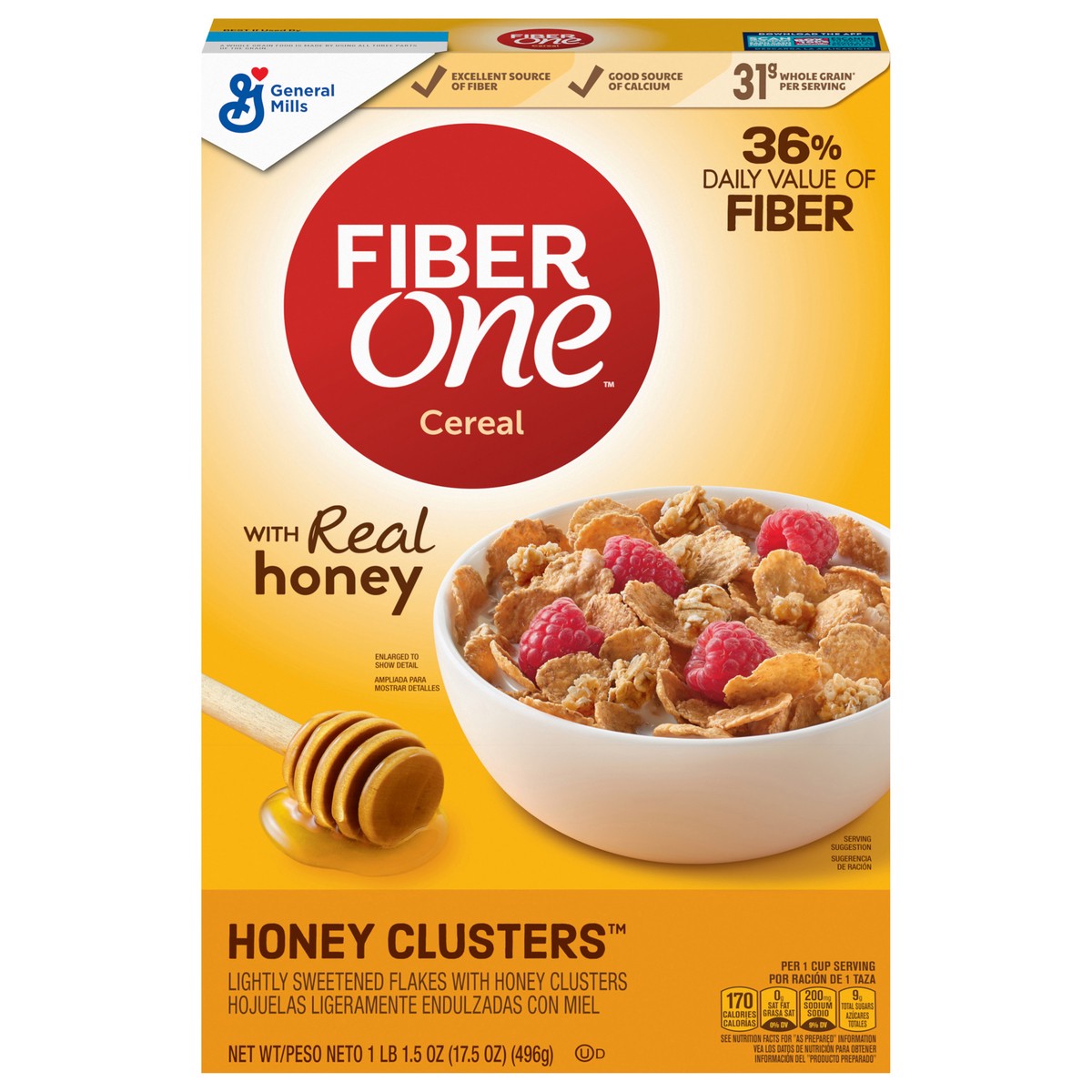 slide 1 of 9, Fiber One Honey Clusters Breakfast Cereal, Fiber Cereal Made with Whole Grain, 17.5 oz, 17.5 oz