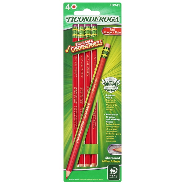 slide 1 of 2, Dixon Ticonderoga Erasable Checking Pencils, 2.6 Mm, Red, Pack Of 4 Pencils, 4 ct