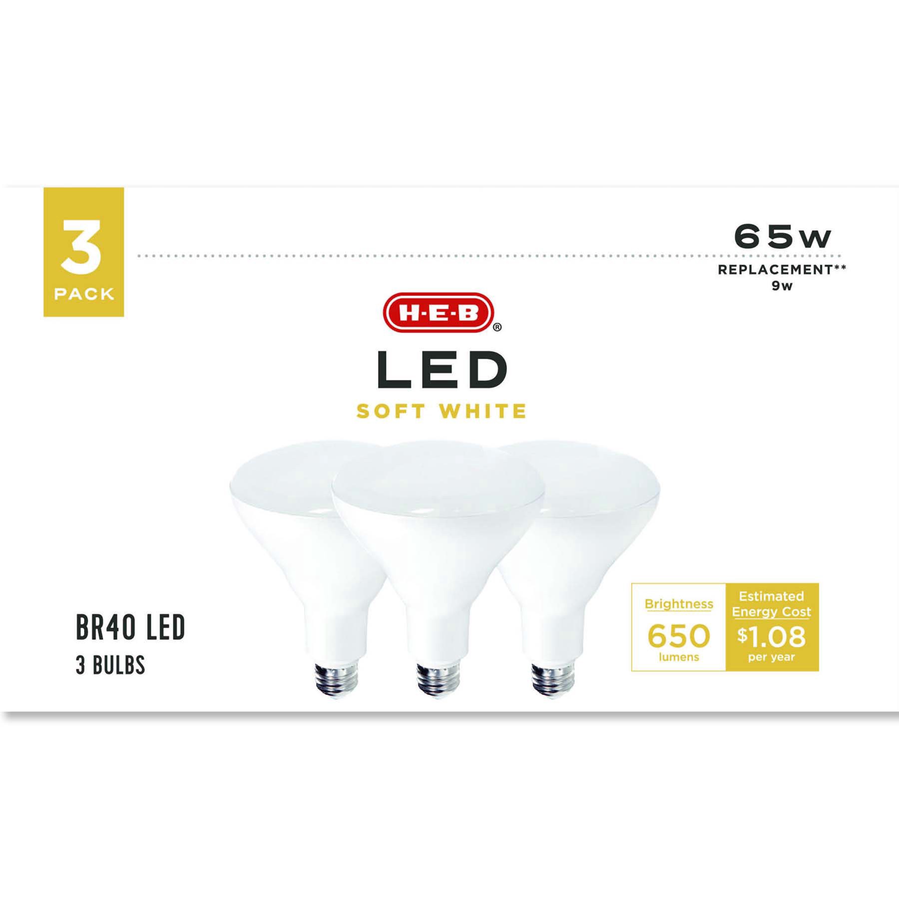 slide 1 of 1, H-E-B BR40 65-Watt Soft White LED Light Bulbs, 3 ct