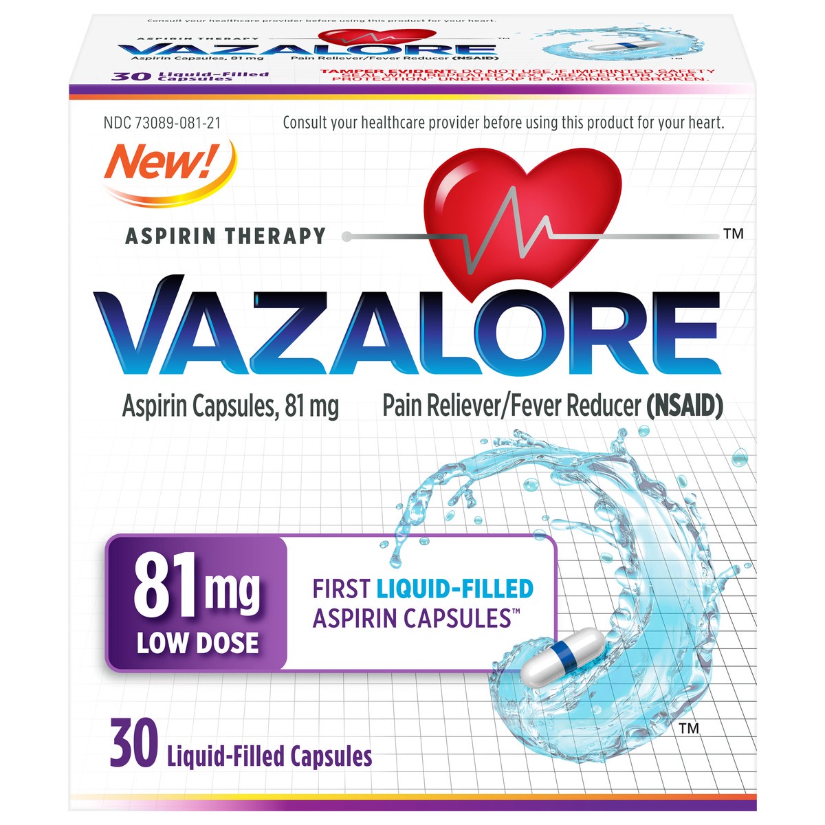 slide 1 of 1, Vazalore Aspirin 81 mg Liquid-Filled Capsules 30 ea, 30 ct