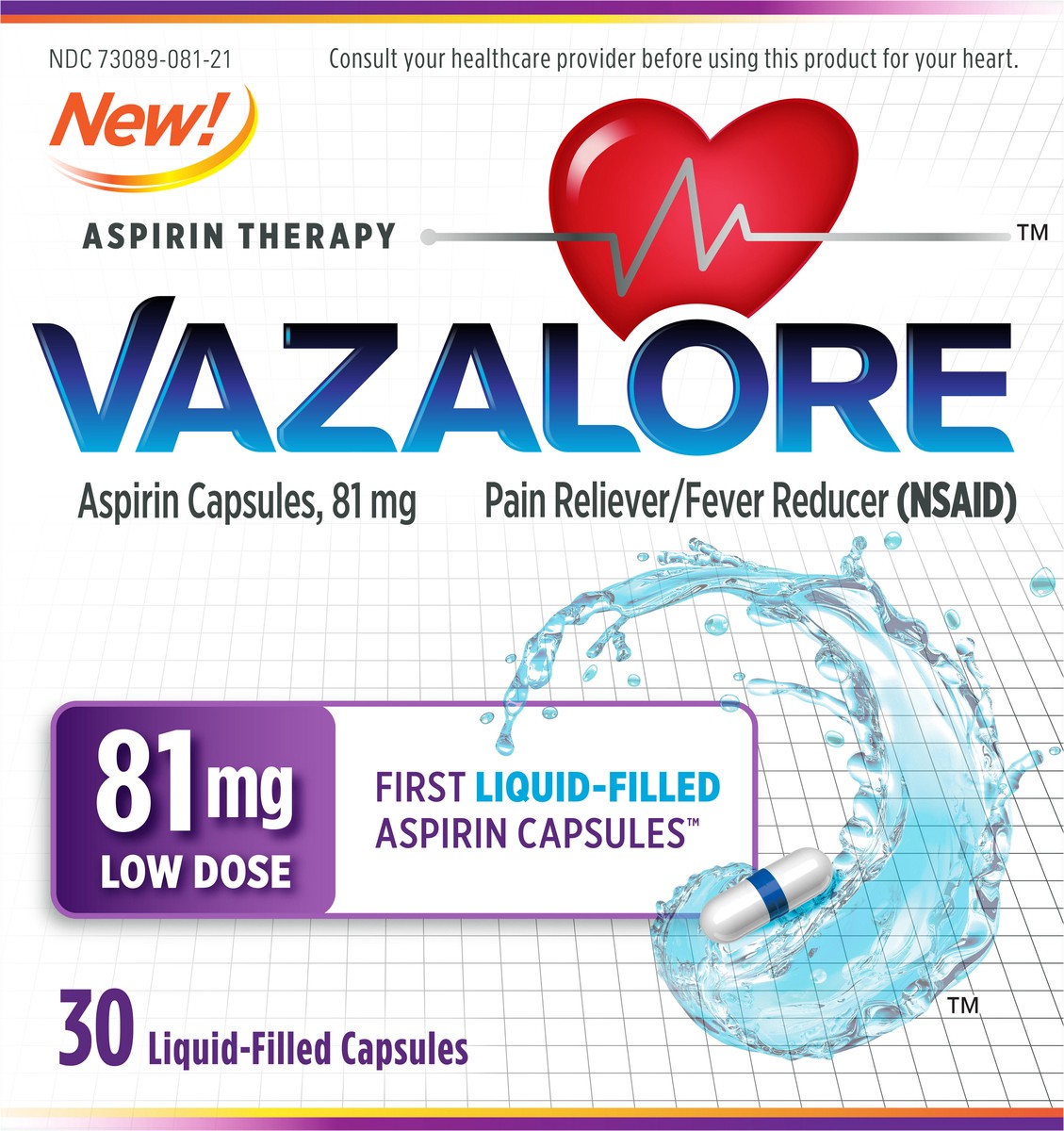 slide 1 of 1, Vazalore Aspirin 81 mg Liquid-Filled Capsules 30 ea, 30 ct