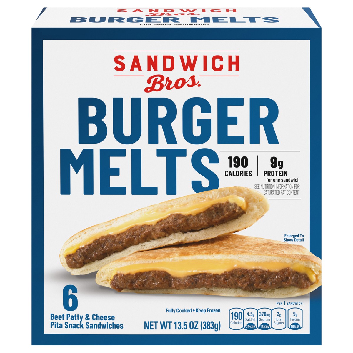 slide 1 of 5, Sandwich Bros. Sandwich Bros Angus Beef Patty Cheeseburger, Frozen Pita Pocket Sandwiches, Frozen Meal, 6 Count, 13.5 oz, 6 ct