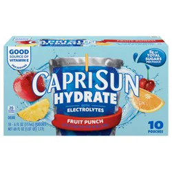 Capri Sun Hydrate with Electrolytes Flavored Drink with Other Natural Flavor, 10 Pouches, for On-the-Go Hydration and School Lunches, Fruit Punch, Good Source of Vitamin E, 6 oz