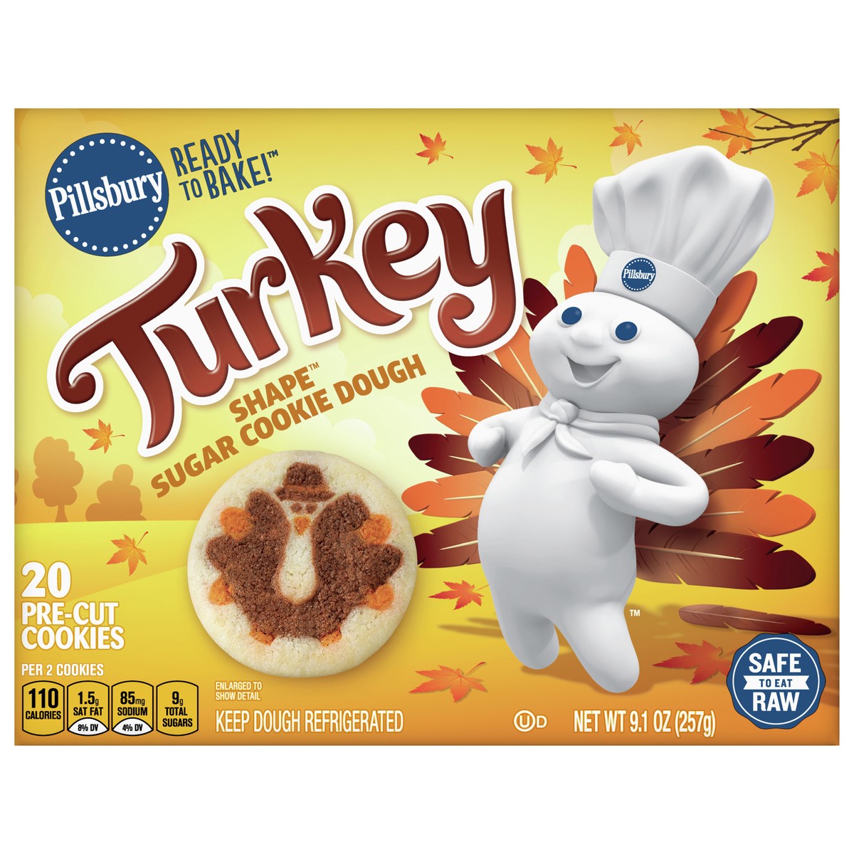 slide 1 of 9, Pillsbury Ready To Bake Turkey Shape Sugar Cookie Dough, 20 Cookies, 9.1 oz., 9.1 oz