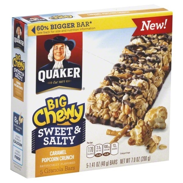 slide 1 of 3, Quaker Big Chewy Sweet & Salty Caramel Popcorn Crunch Granola Bars, 5 ct; 1.41 oz