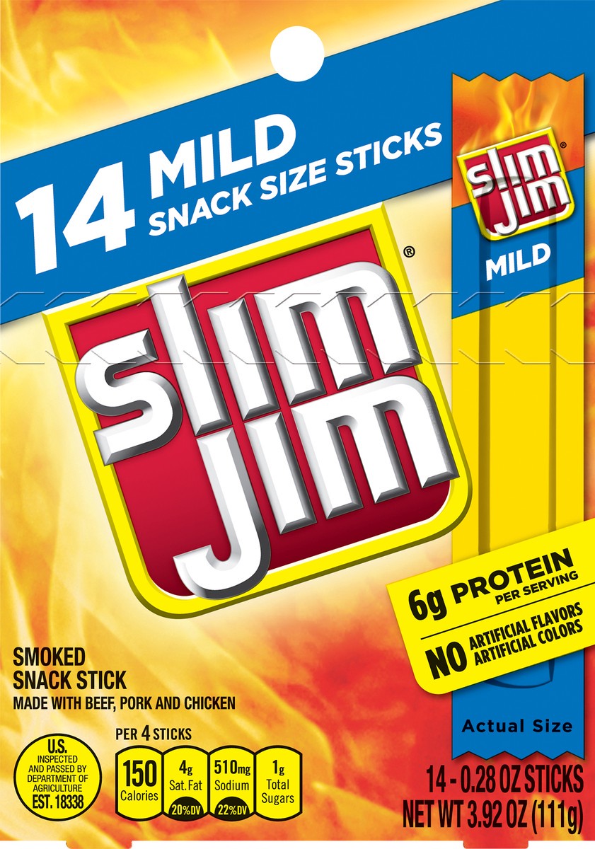 slide 1 of 5, Slim Jim 14 Pack Snack Size Mild Smoked Snack Stick 14 ea, 3.92 oz