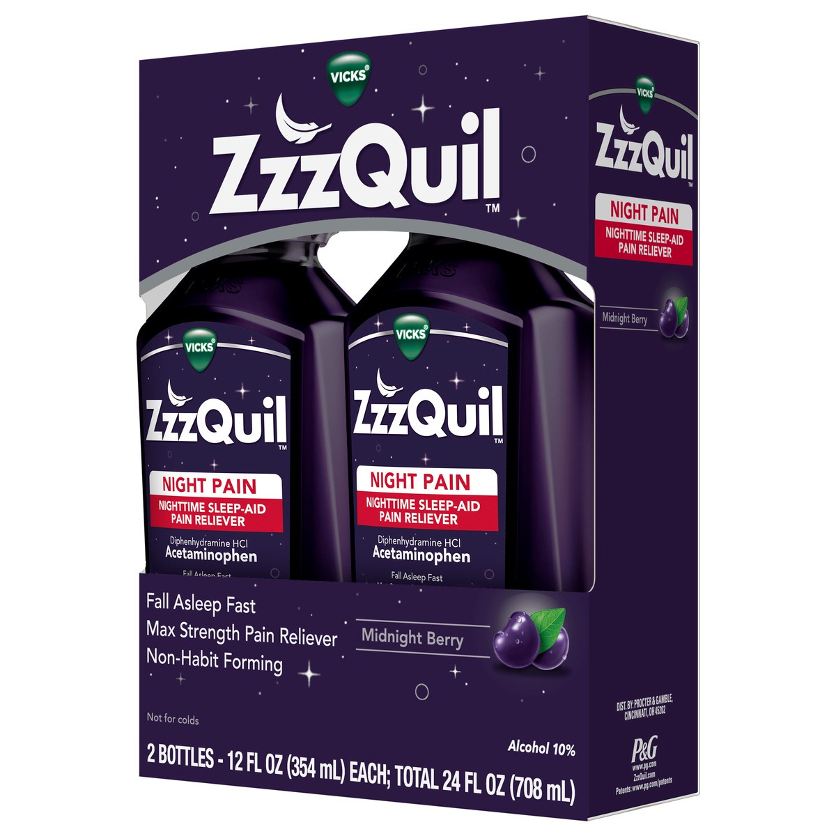 slide 2 of 3, Vicks ZzzQuil Liquid, Max Strength Pain Reliever, Nighttime Sleep Aid Liquid, Acetaminophen 1000mg, Diphenhydramine 50mg HCI, Non-Habit Forming, Midnight Berry Flavored, 2 Pack, 24 FL OZ, 2 ct
