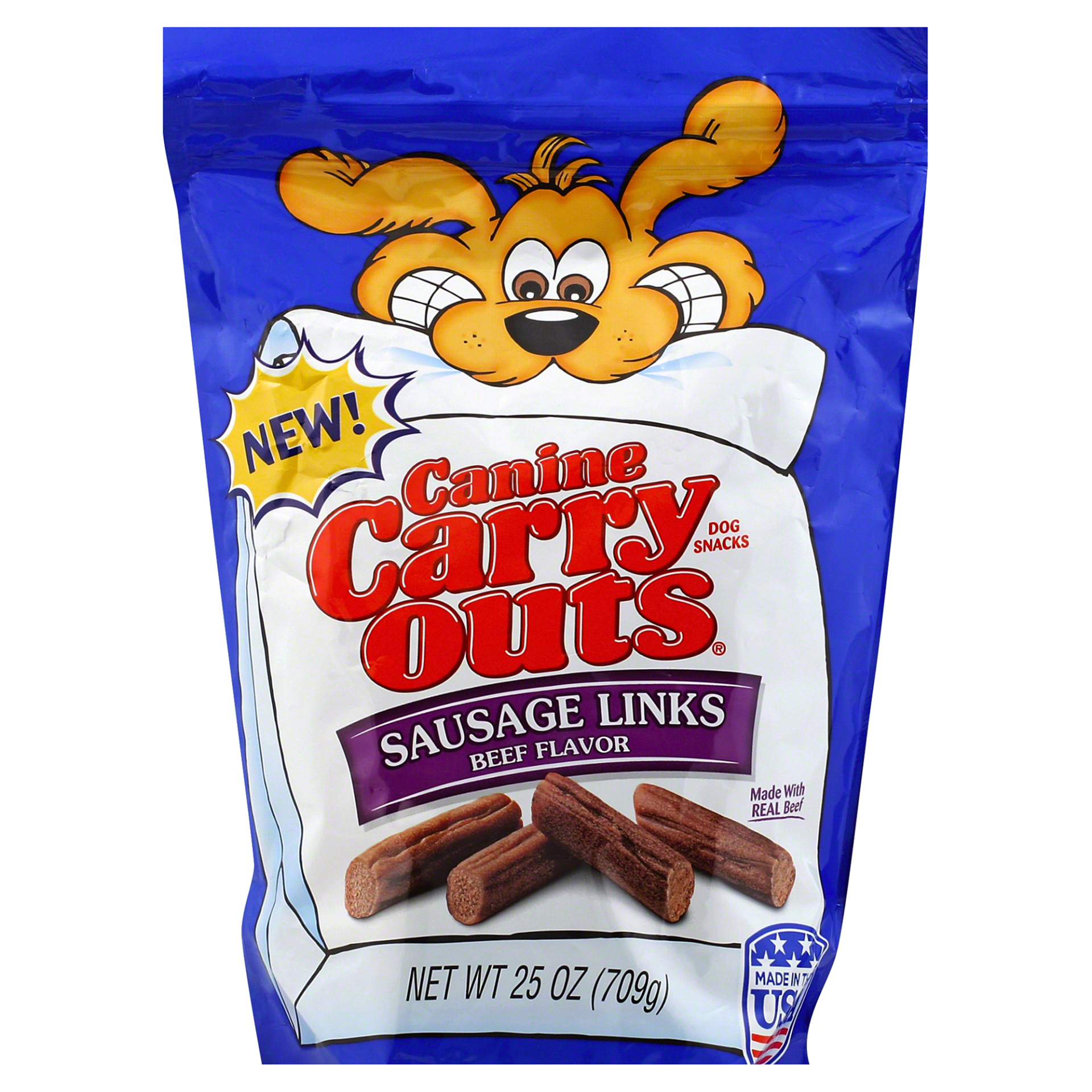 slide 1 of 1, Canine Carry Outs Sausage Links Beef Flavor, 25 oz