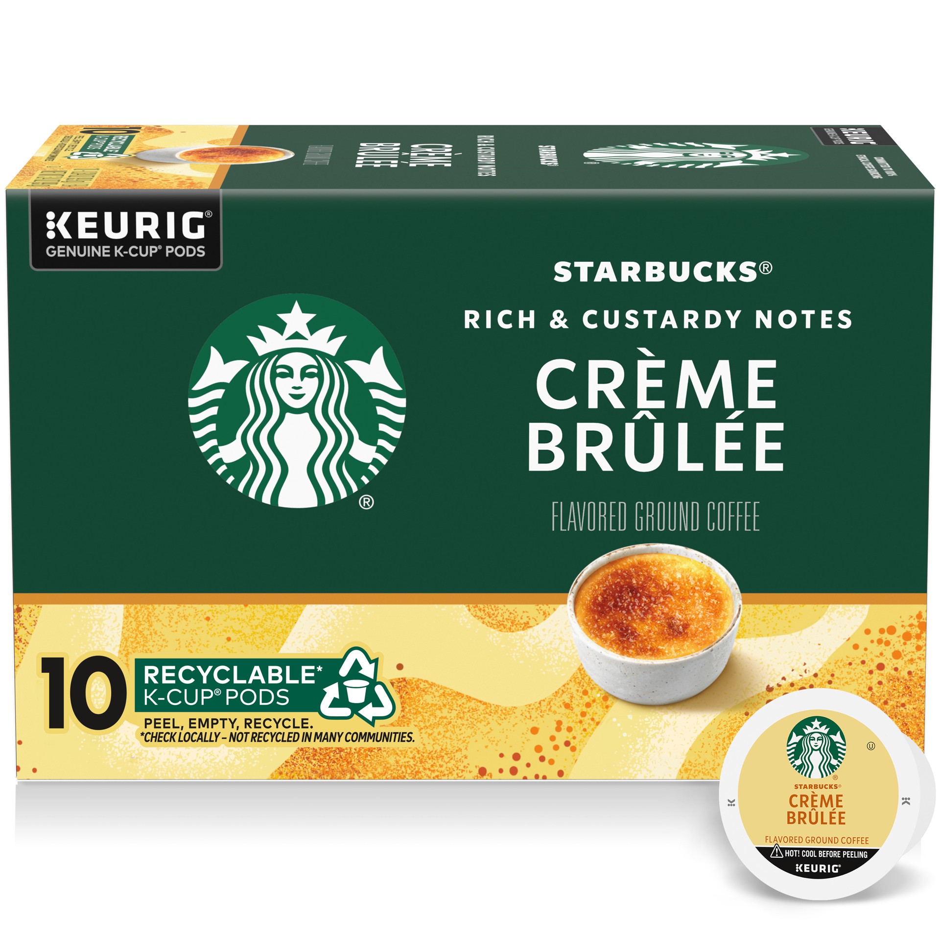 slide 1 of 5, Starbucks K-Cup Coffee Pods, Crème Brûlée Flavored Coffee, Naturally Flavored, 100% Arabica, 1 box (10 pods), 3.4 oz