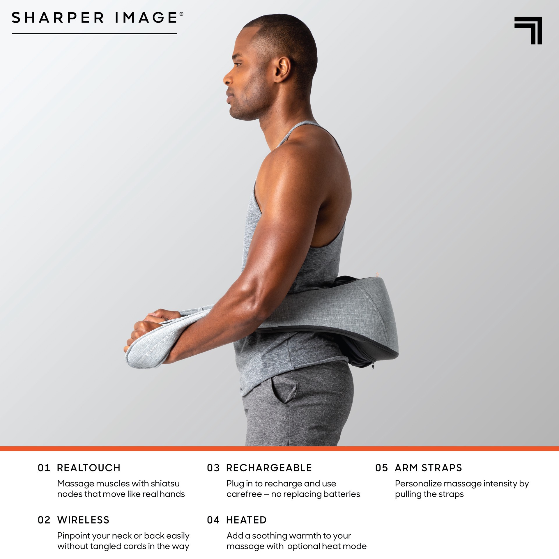 slide 7 of 7, Sharper Image RealTouch™ Shiatsu Massager, Warming Heat Soothes Sore Muscles, Nodes Feel Like Real Hands, Wireless & Rechargeable - Best Massager for Neck Back Shoulders Feet Legs w/ 6 Massage Heads, 1 ct