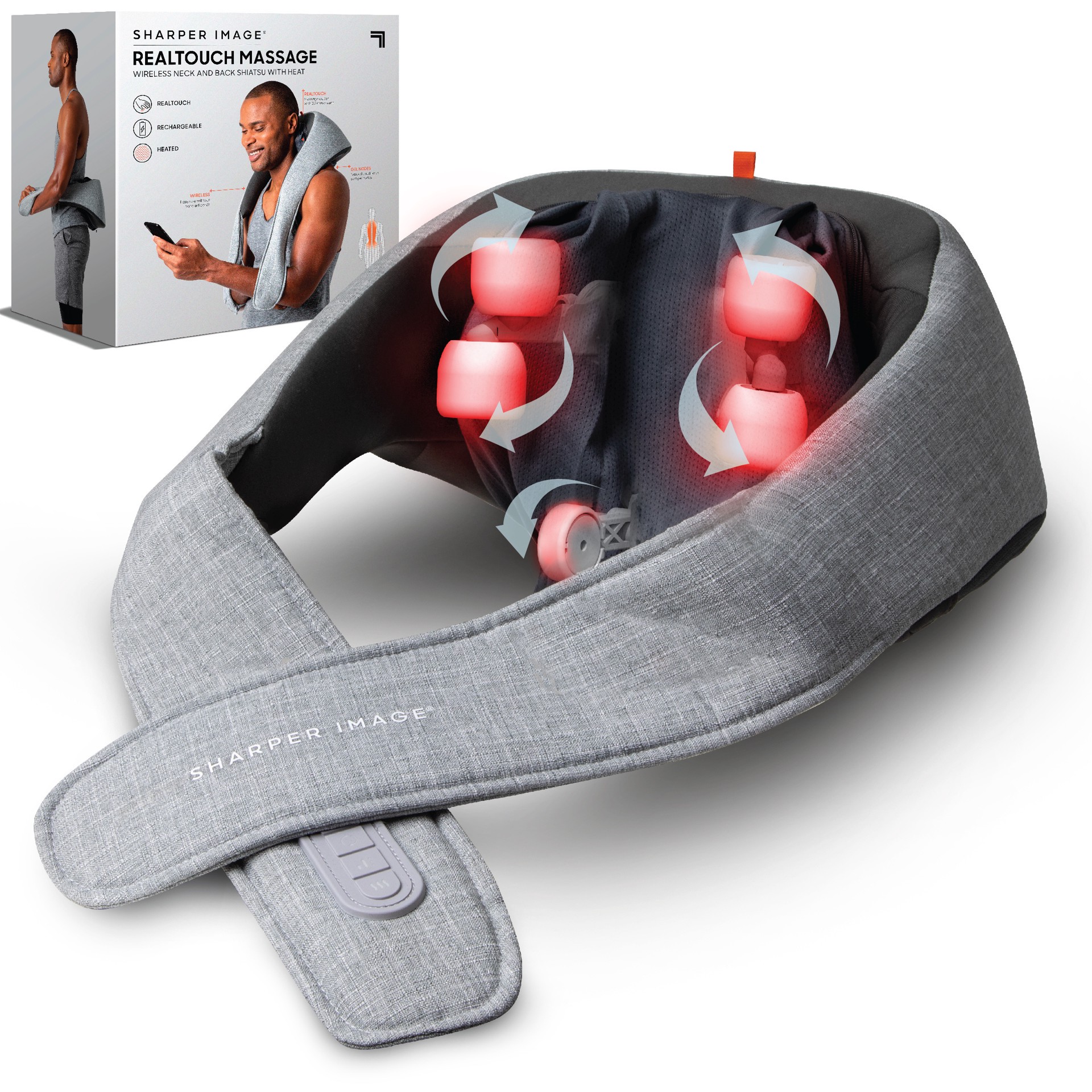 slide 1 of 7, Sharper Image RealTouch™ Shiatsu Massager, Warming Heat Soothes Sore Muscles, Nodes Feel Like Real Hands, Wireless & Rechargeable - Best Massager for Neck Back Shoulders Feet Legs w/ 6 Massage Heads, 1 ct