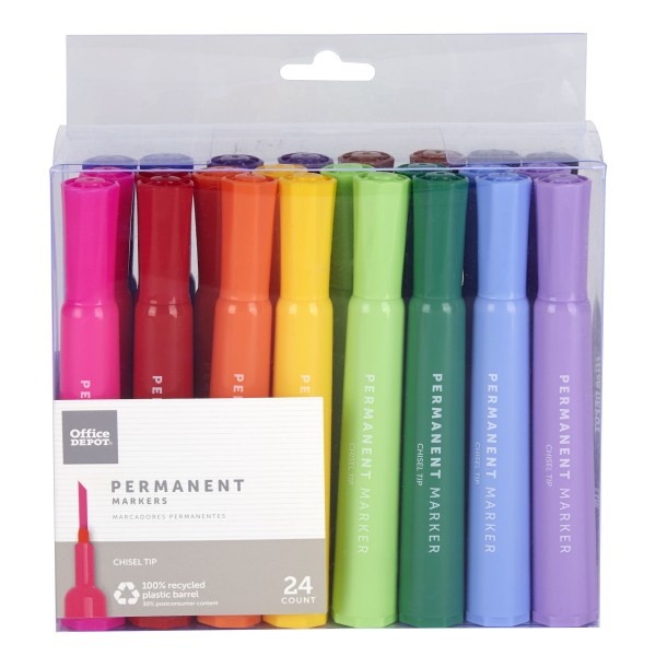 slide 1 of 10, Office Depot Brand Tank-Style Permanent Markers, Chisel Point, Assorted Colors, Pack Of 24, 24 ct
