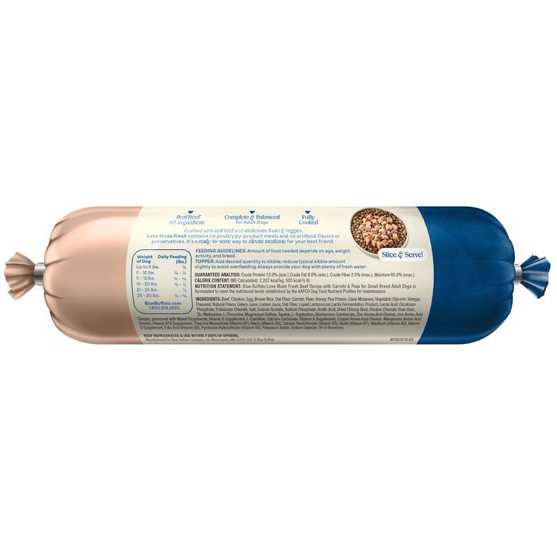 slide 3 of 5, Blue Buffalo Love Made Fresh Natural Adult Dog Food for Small Breed Adult Dogs, Refrigerated , Beef With Carrots and Peas, Fresh Dog Food, Ready-To-Serve, 1-lb Roll, 16 oz