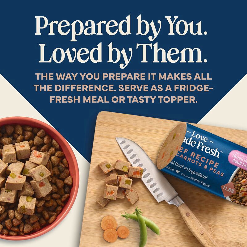 slide 2 of 5, Blue Buffalo Love Made Fresh Natural Adult Dog Food for Small Breed Adult Dogs, Refrigerated , Beef With Carrots and Peas, Fresh Dog Food, Ready-To-Serve, 1-lb Roll, 16 oz