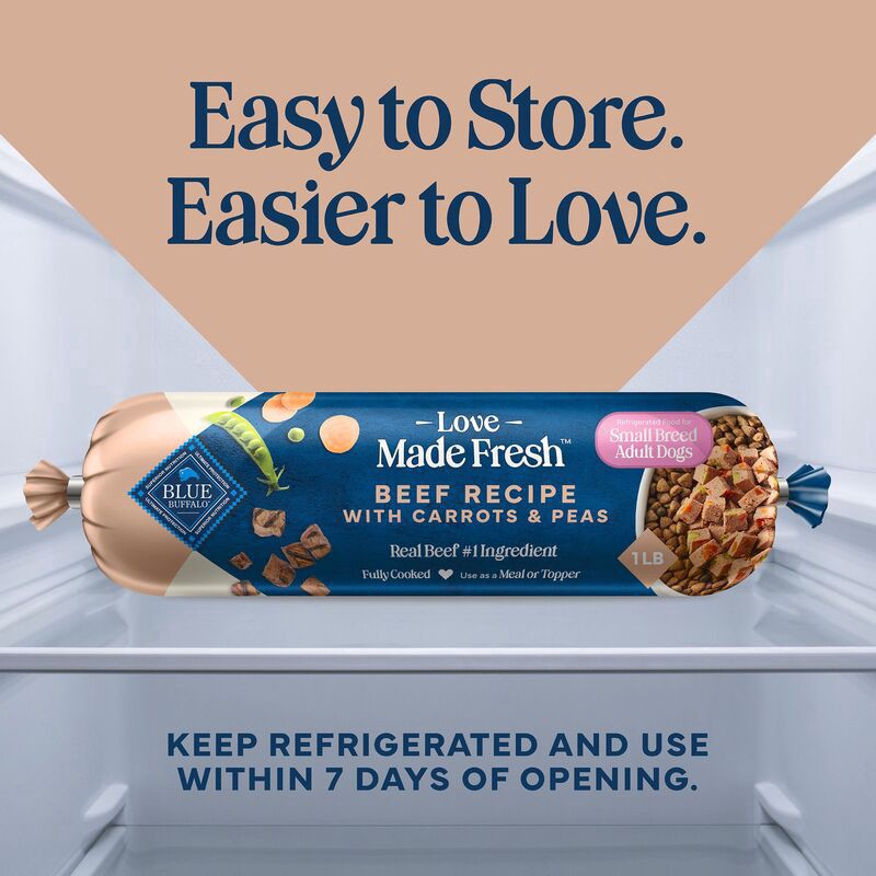 slide 5 of 5, Blue Buffalo Love Made Fresh Natural Adult Dog Food for Small Breed Adult Dogs, Refrigerated , Beef With Carrots and Peas, Fresh Dog Food, Ready-To-Serve, 1-lb Roll, 16 oz