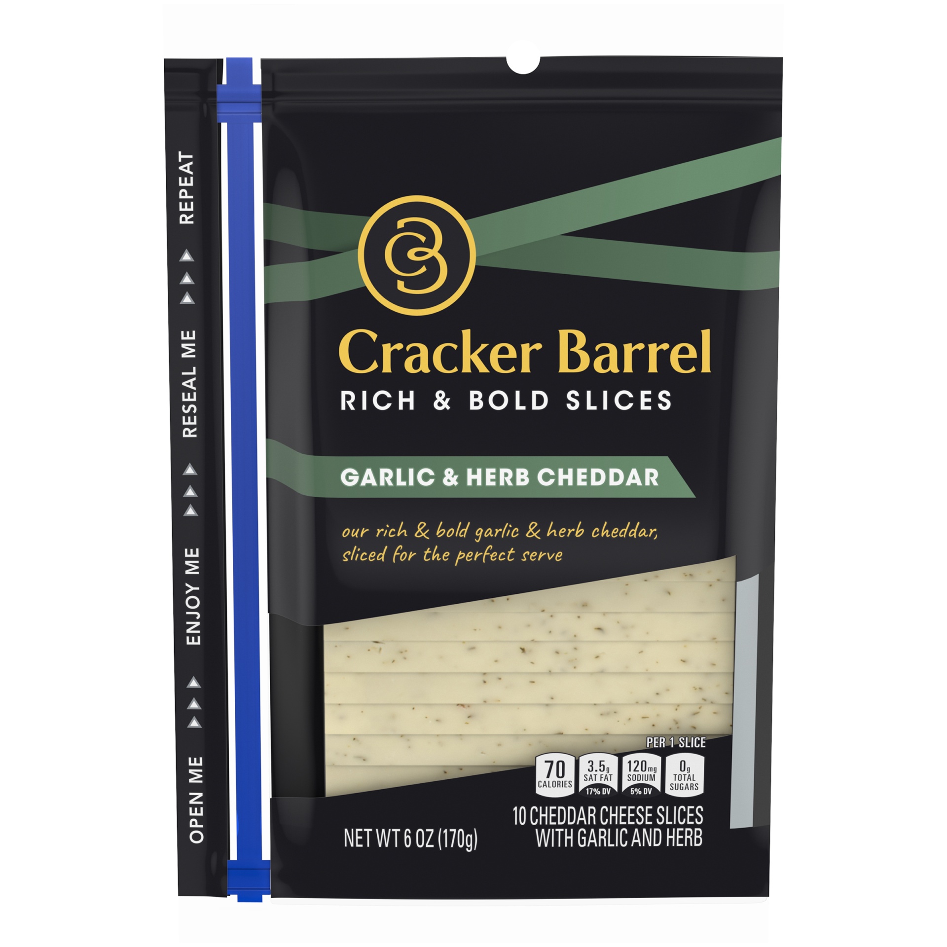 slide 1 of 1, Cracker Barrel Garlic and Herb Cheddar Cheese Slices, 6 oz