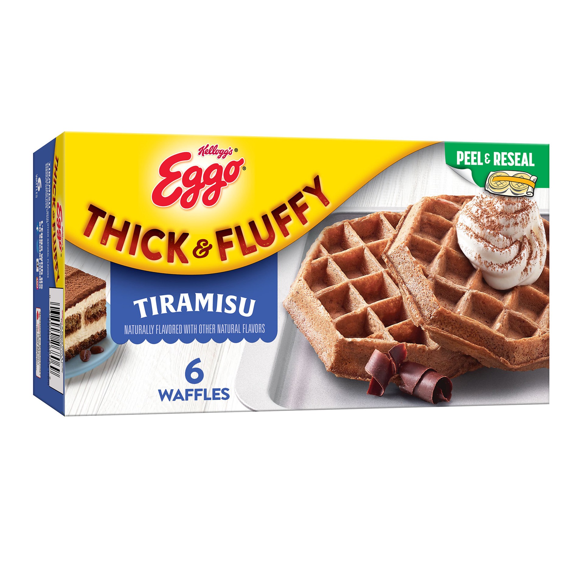slide 1 of 5, Eggo Thick and Fluffy Frozen Waffles, Frozen Breakfast, Resealable. Belgian Style, Tiramisu, 11.6oz Box, 6 Waffles, 11.6 oz