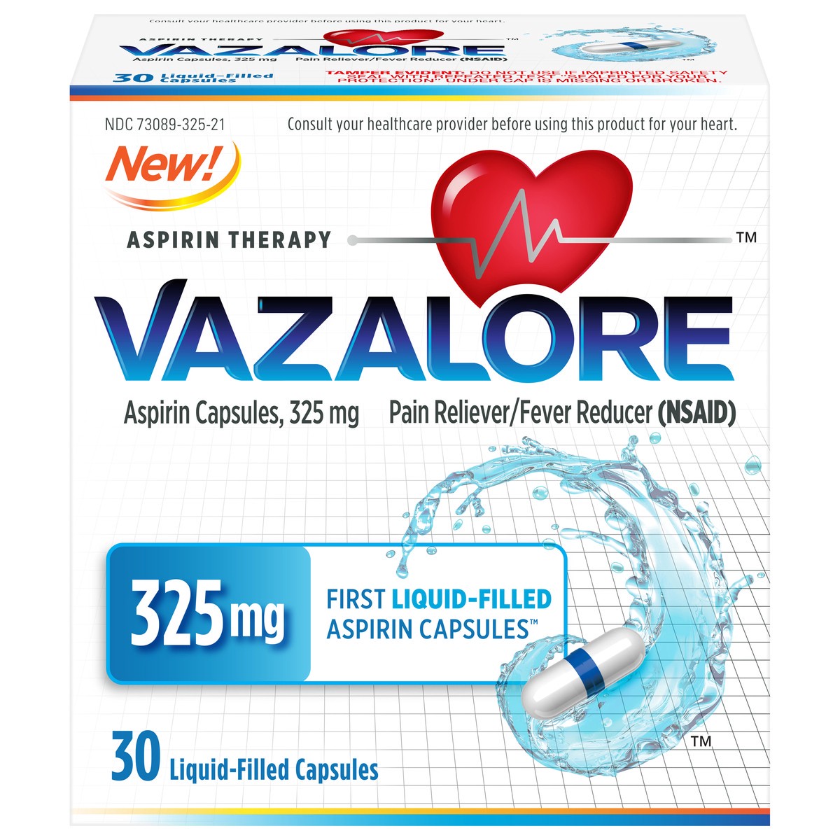 slide 1 of 9, Vazalore Aspirin 325 mg Liquid-Filled Capsules 30 ea, 30 ct