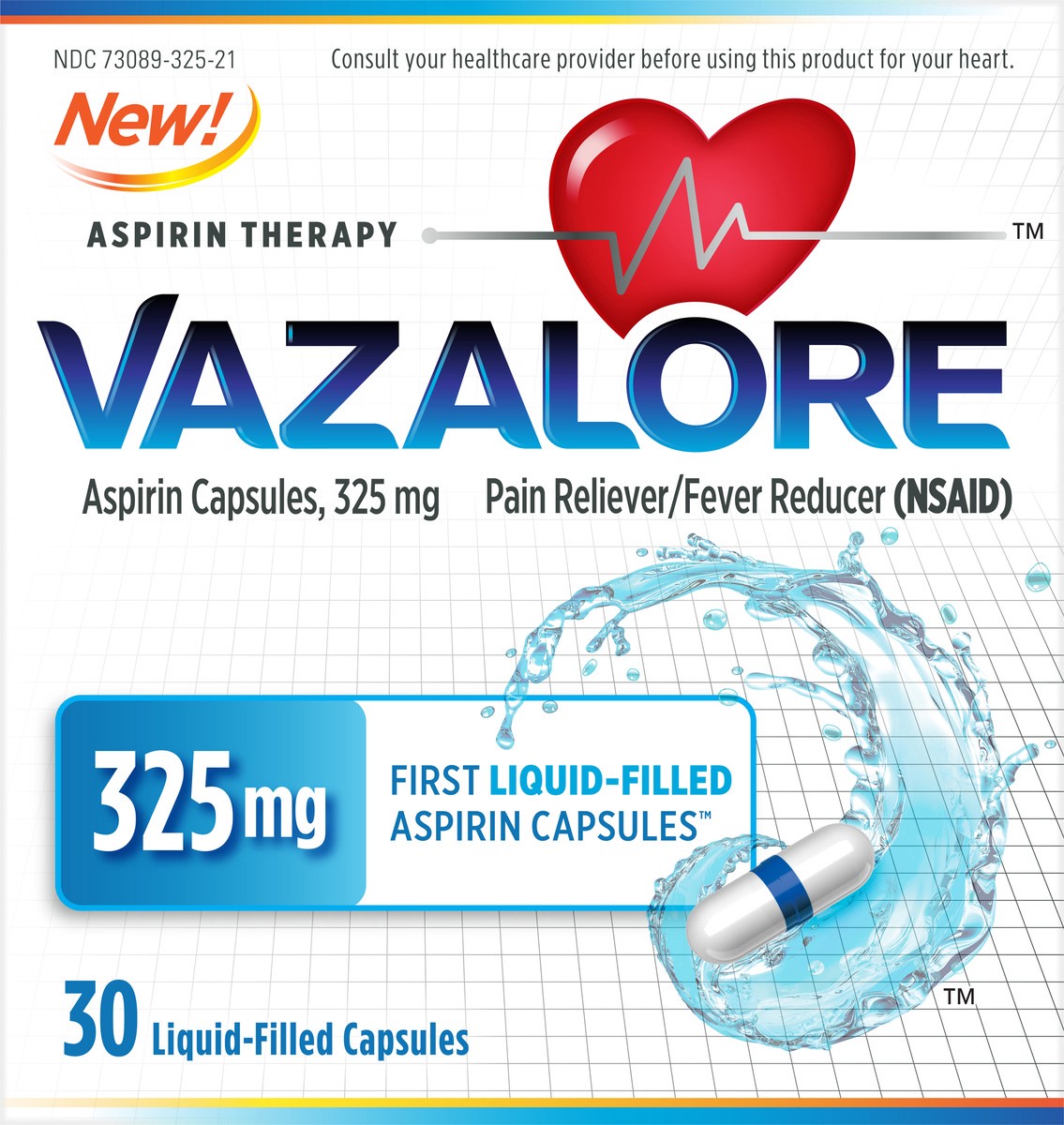 slide 1 of 9, Vazalore Aspirin 325 mg Liquid-Filled Capsules 30 ea, 30 ct