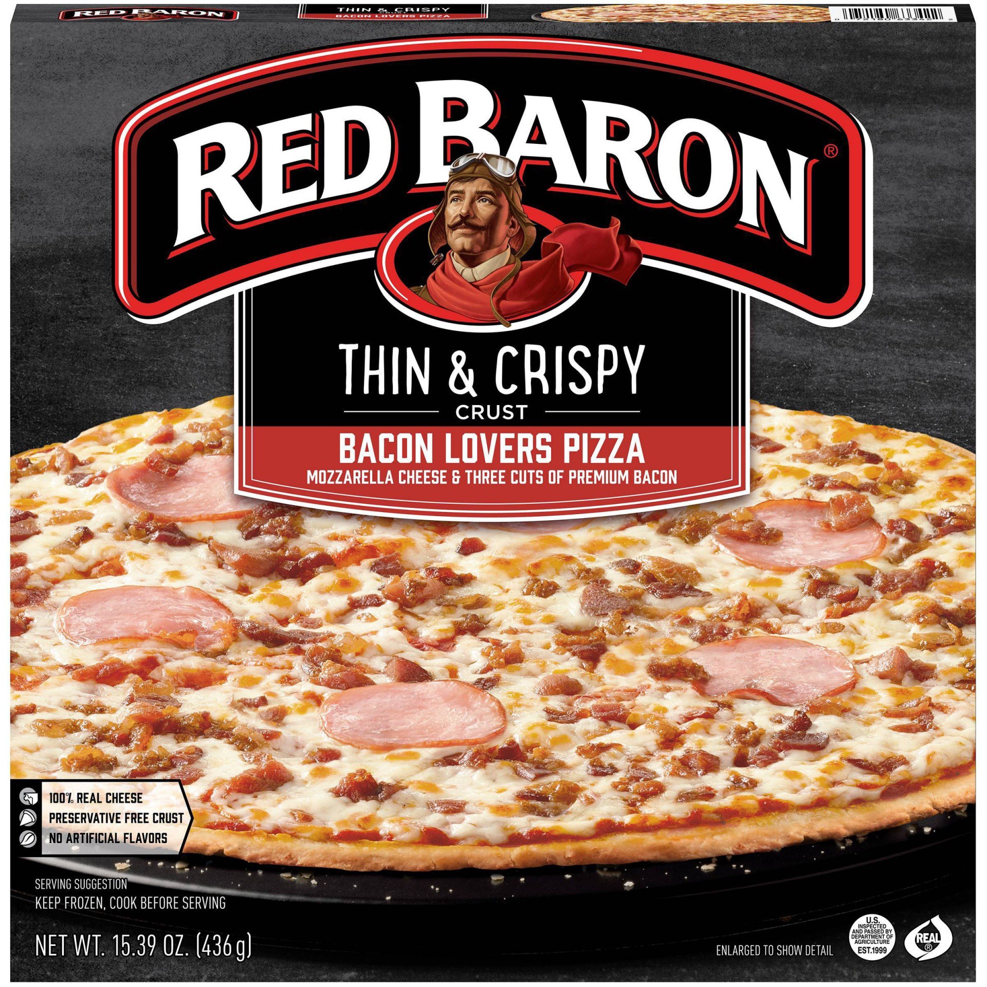 slide 1 of 5, Red Baron Bacon Lover's Thin Crust Frozen Pizza, 0.96 lb