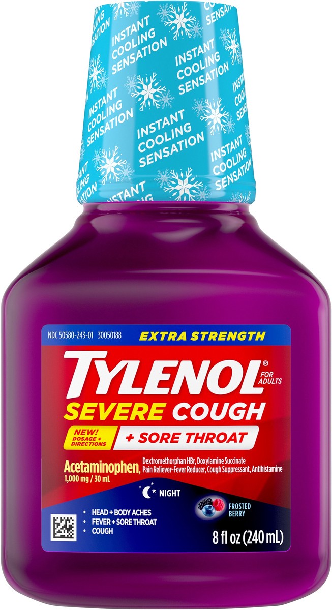 Tylenol Extra Strength Severe Cough + Sore Throat Night Liquid, 8 Fl