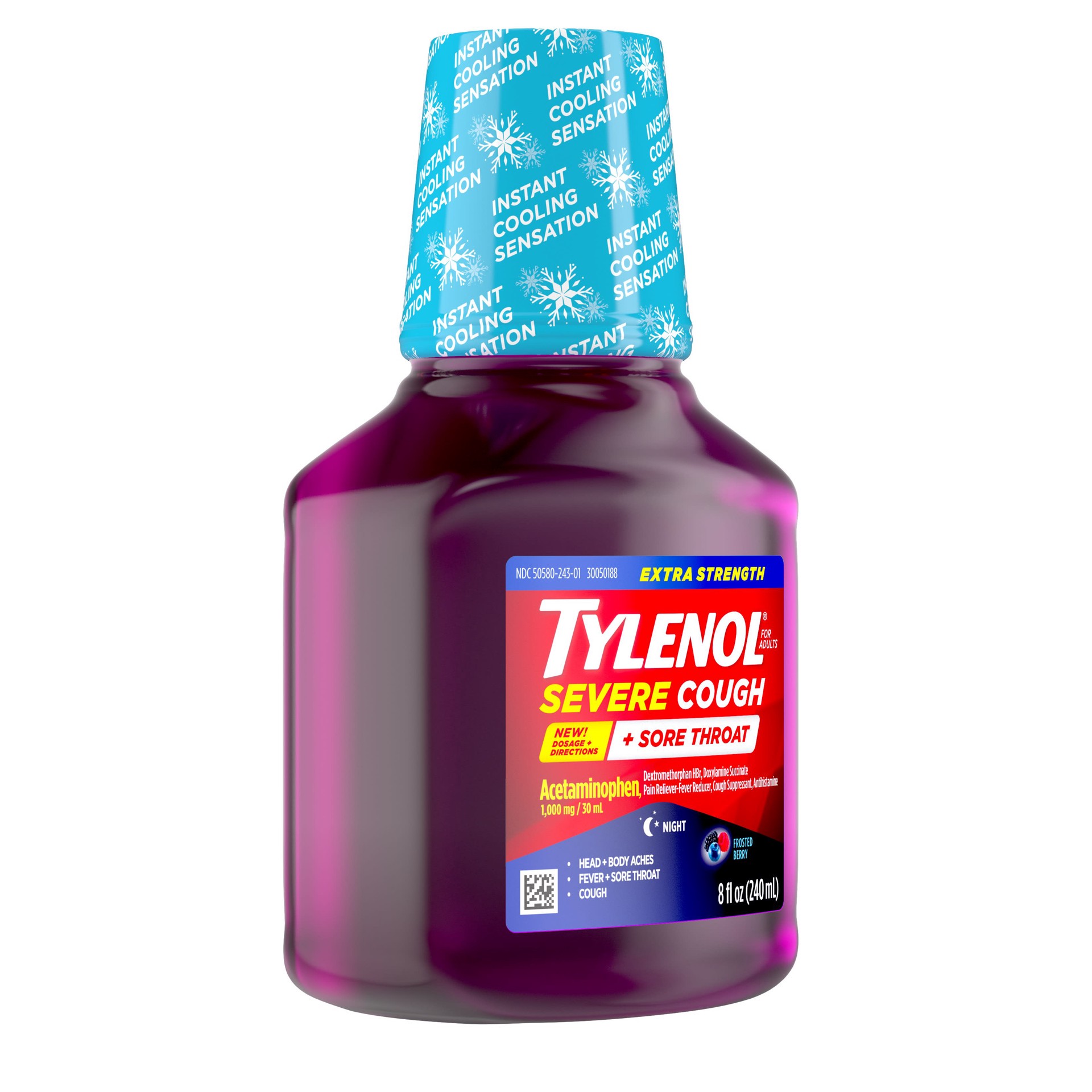 slide 8 of 8, Tylenol Extra Strength Severe Cough + Sore Throat Night Liquid, 8 Oz., 8 fl oz