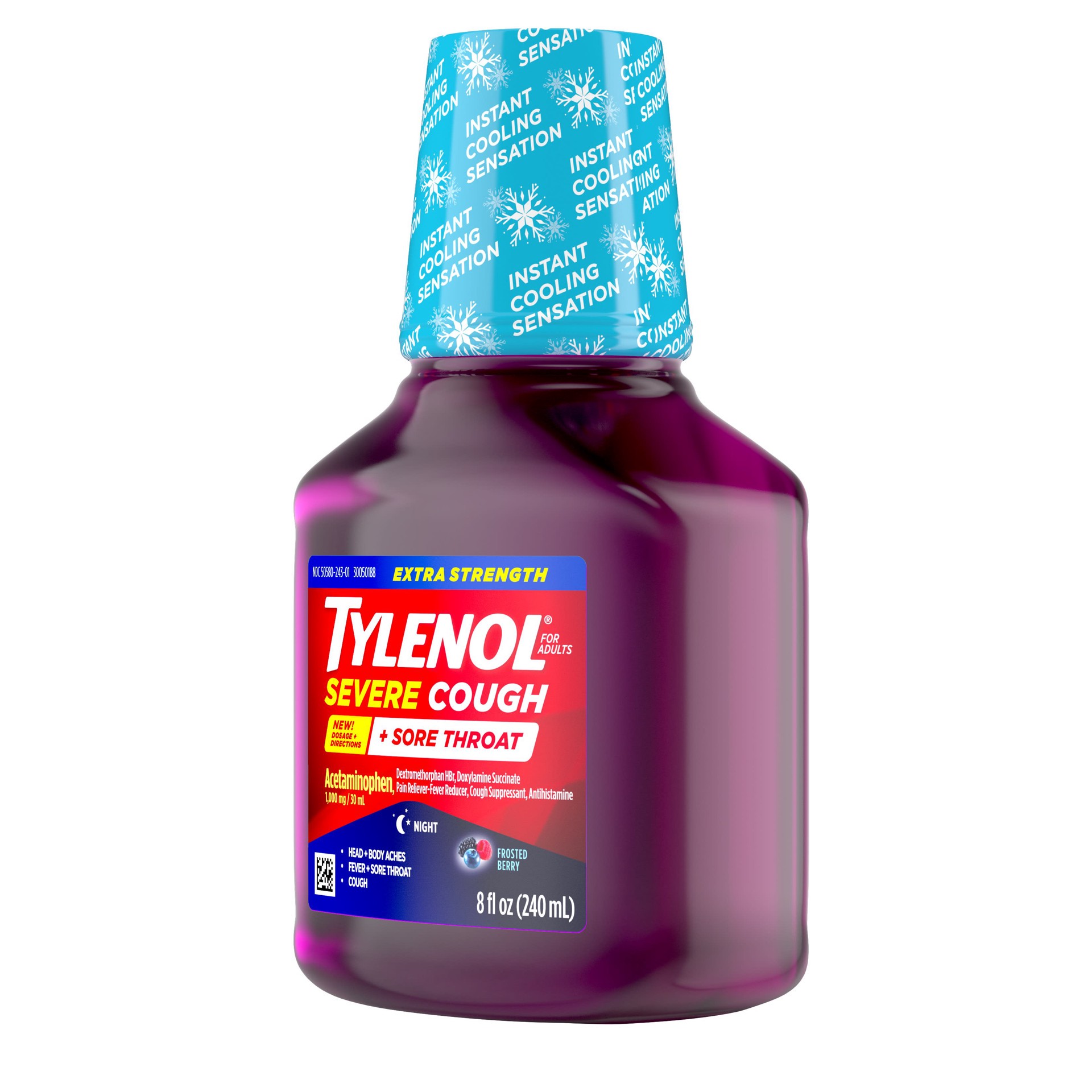 slide 2 of 8, Tylenol Extra Strength Severe Cough + Sore Throat Night Liquid, 8 Oz., 8 fl oz