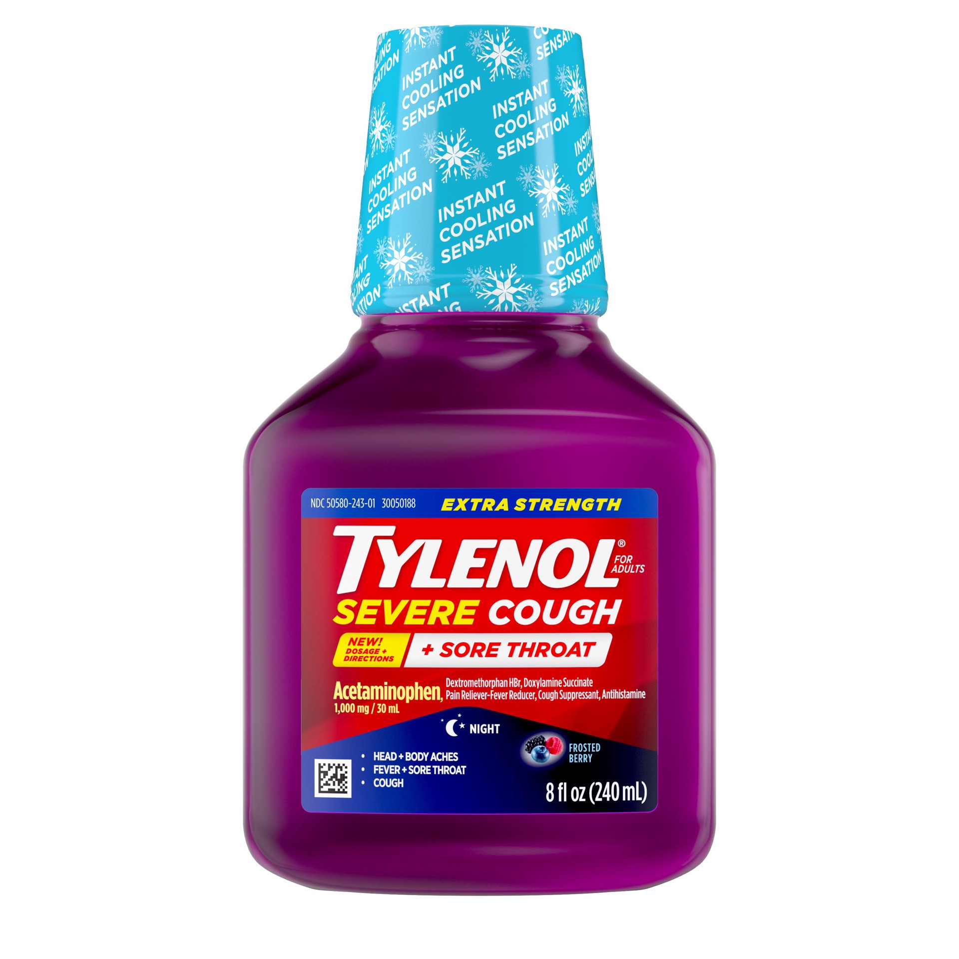 slide 4 of 8, Tylenol Extra Strength Severe Cough + Sore Throat Night Liquid, 8 Oz., 8 fl oz