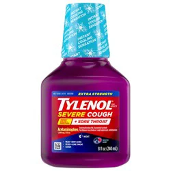 Tylenol Extra Strength Severe Cough + Sore Throat Nighttime Liquid Cold Medicine, Multi-Symptom Cold Relief, Acetaminophen Pain Reliever, Dextromethorphan HBr, Doxylamine Succinate, 8 Oz.