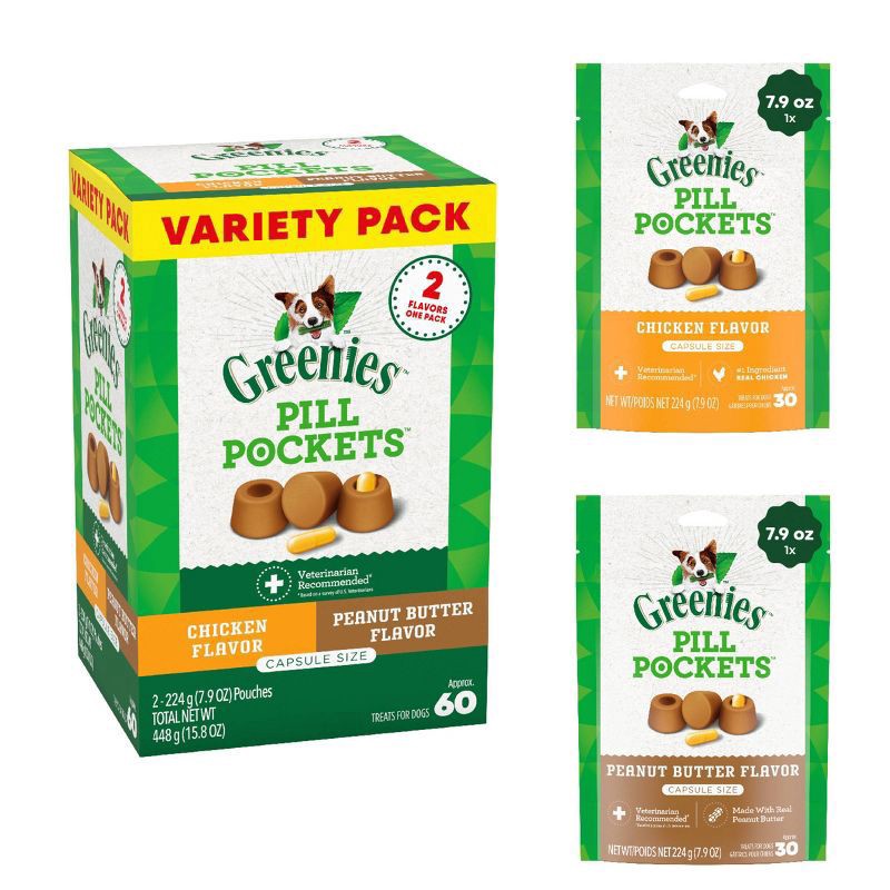 slide 5 of 9, Greenies Pill Pockets Chicken Flavor/Peanut Butter Flavor Treats for Dogs Variety Pack 2 - 7.9 oz Pouches, 15.8 oz