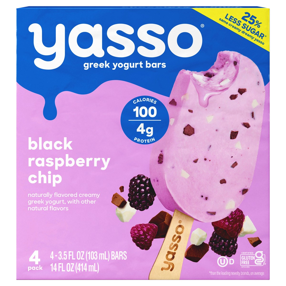 slide 1 of 8, Yasso Black Raspberry Chip Frozen Greek Yogurt Bars, 4 ct
