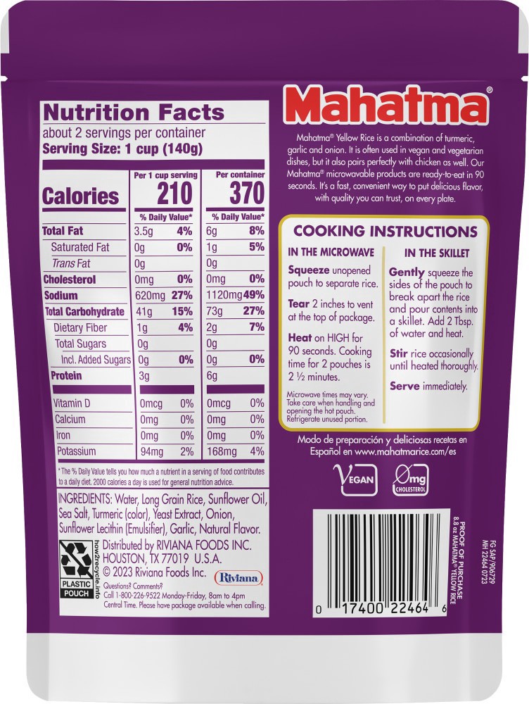 slide 2 of 2, Mahatma Yellow Rice, Ready to Heat 90 Seconds, Gluten Free, Microwaveable Rice, 8.8 oz, 8.8 oz