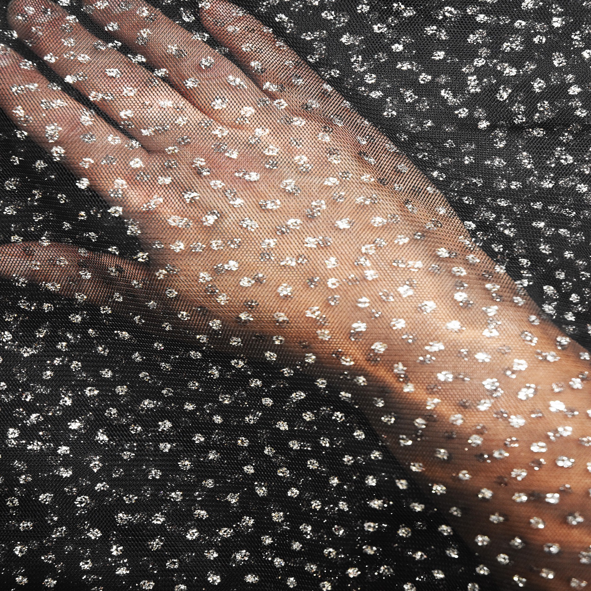 slide 2 of 6, Feldman Black With Silver Glitter Dots Mesh, 58 in