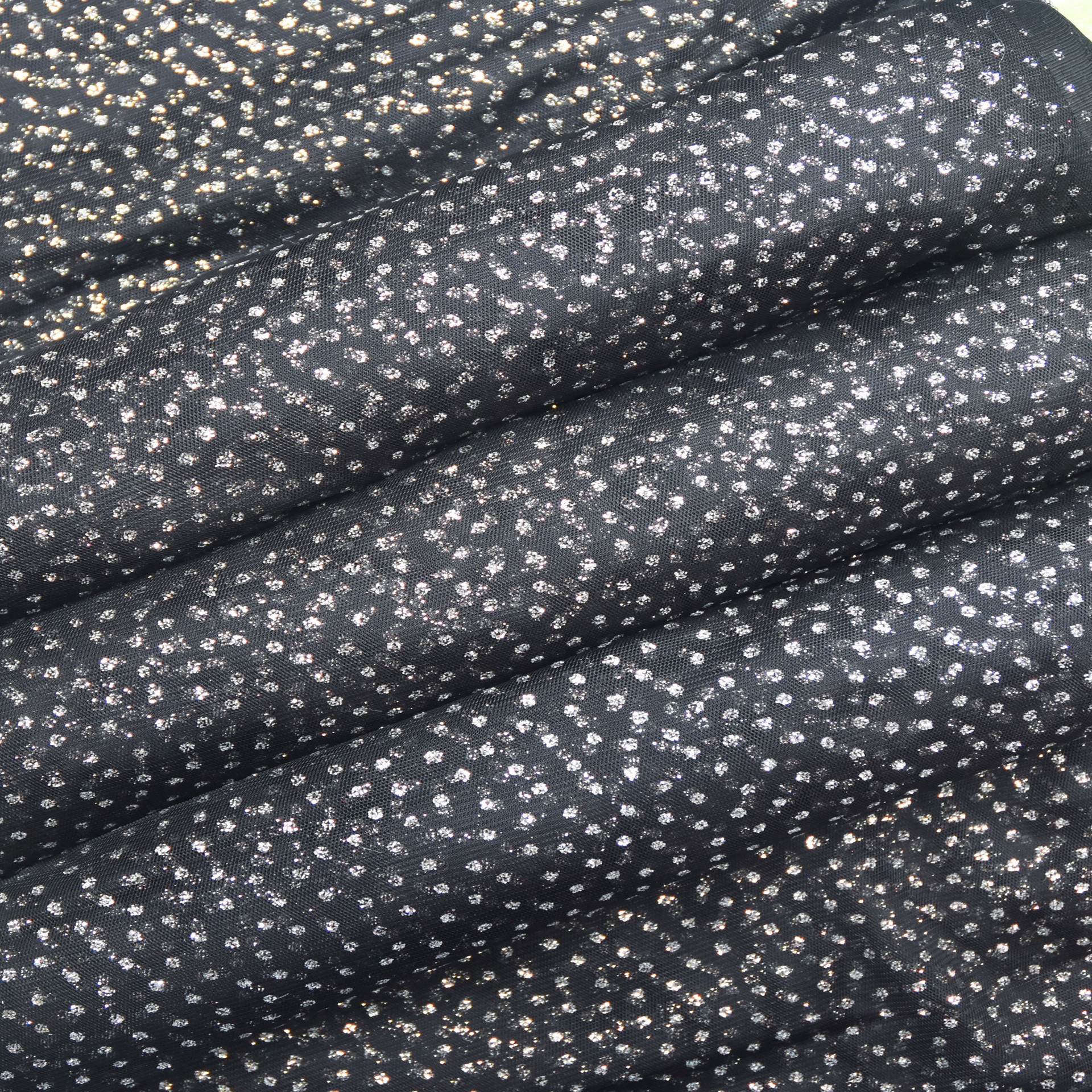 slide 6 of 6, Feldman Black With Silver Glitter Dots Mesh, 58 in